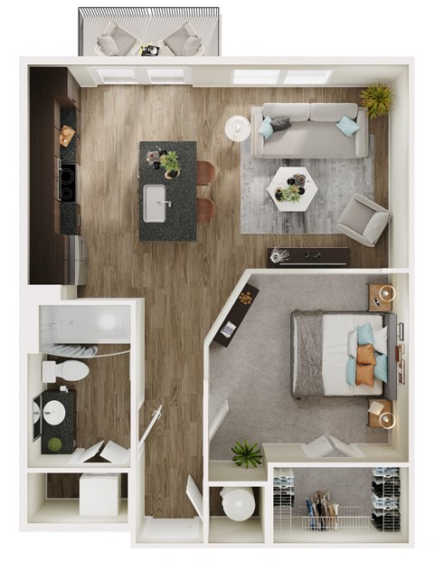 Floor plan for 1 bed, 1 bath, 632 sqft